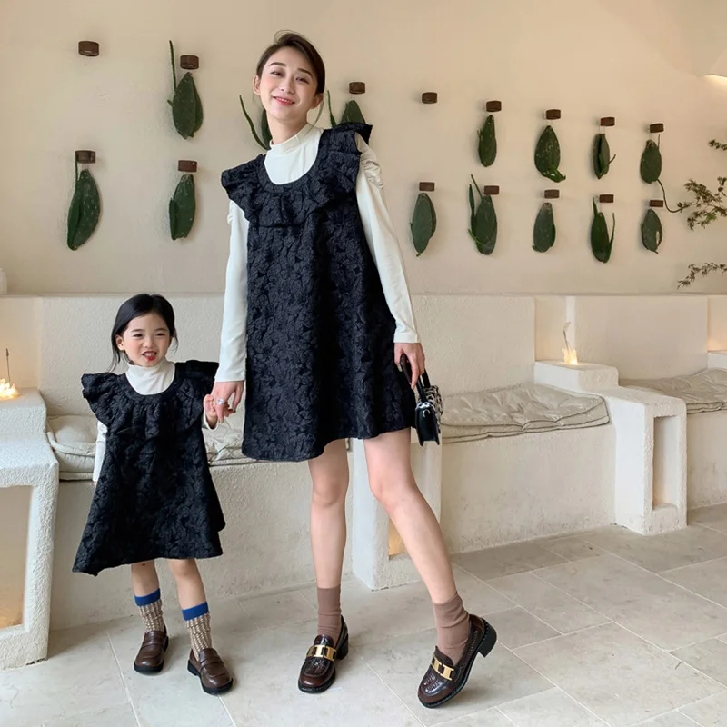 New styling fall long-sleeved shirt ruffled vest 2pc dress set family mommy and me outfits baby