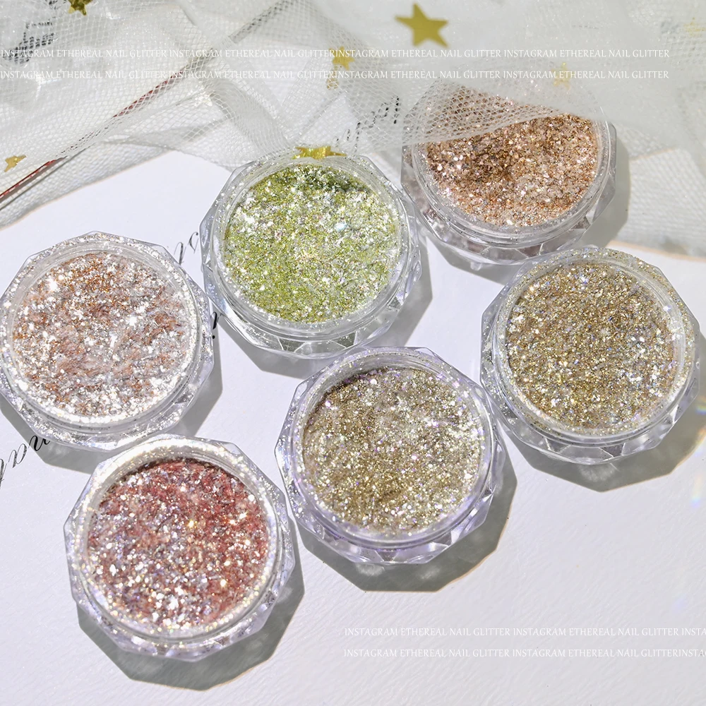 6pcs/set  Crystal Diamond Powder Rainbow Shiny Nail Art Glitter Pigment Holographic Micro Glass Manicure Decoration
