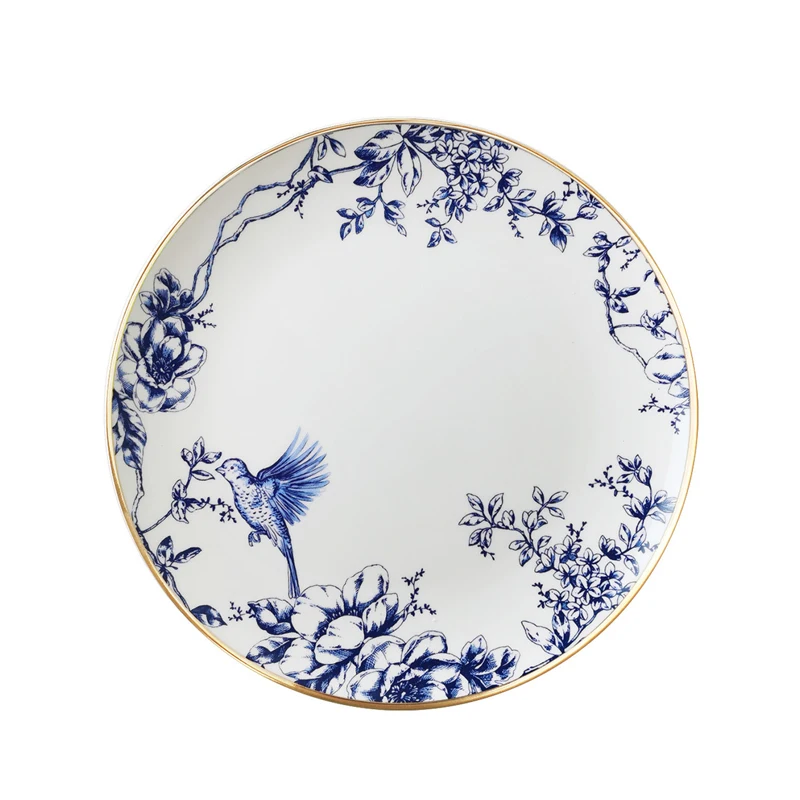 Nordic Tableware White and Blue Ceramic Dinnerware Set with Gold Rim Vintage Floral Birds Pattern Crockery for Wedding Decor