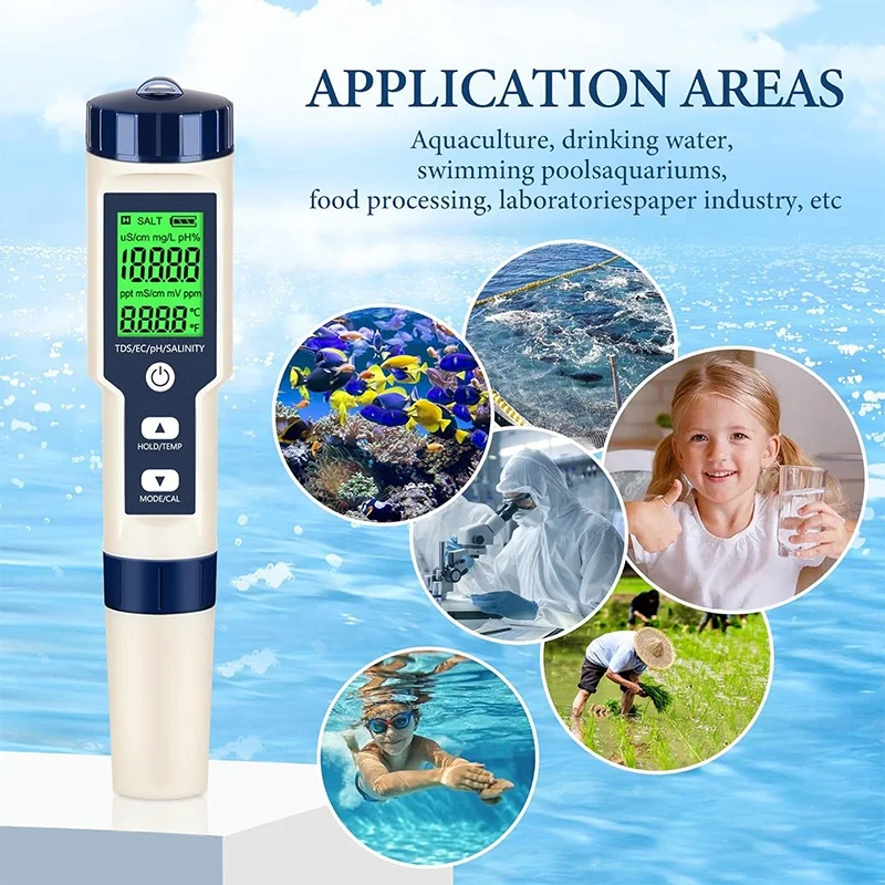 Handheld Water Tester, 5-in-1 pH/TDS/Salinity/Temperature and EC Meter, TDS Meter, Aquarium and Saltwater Pool Test Kit