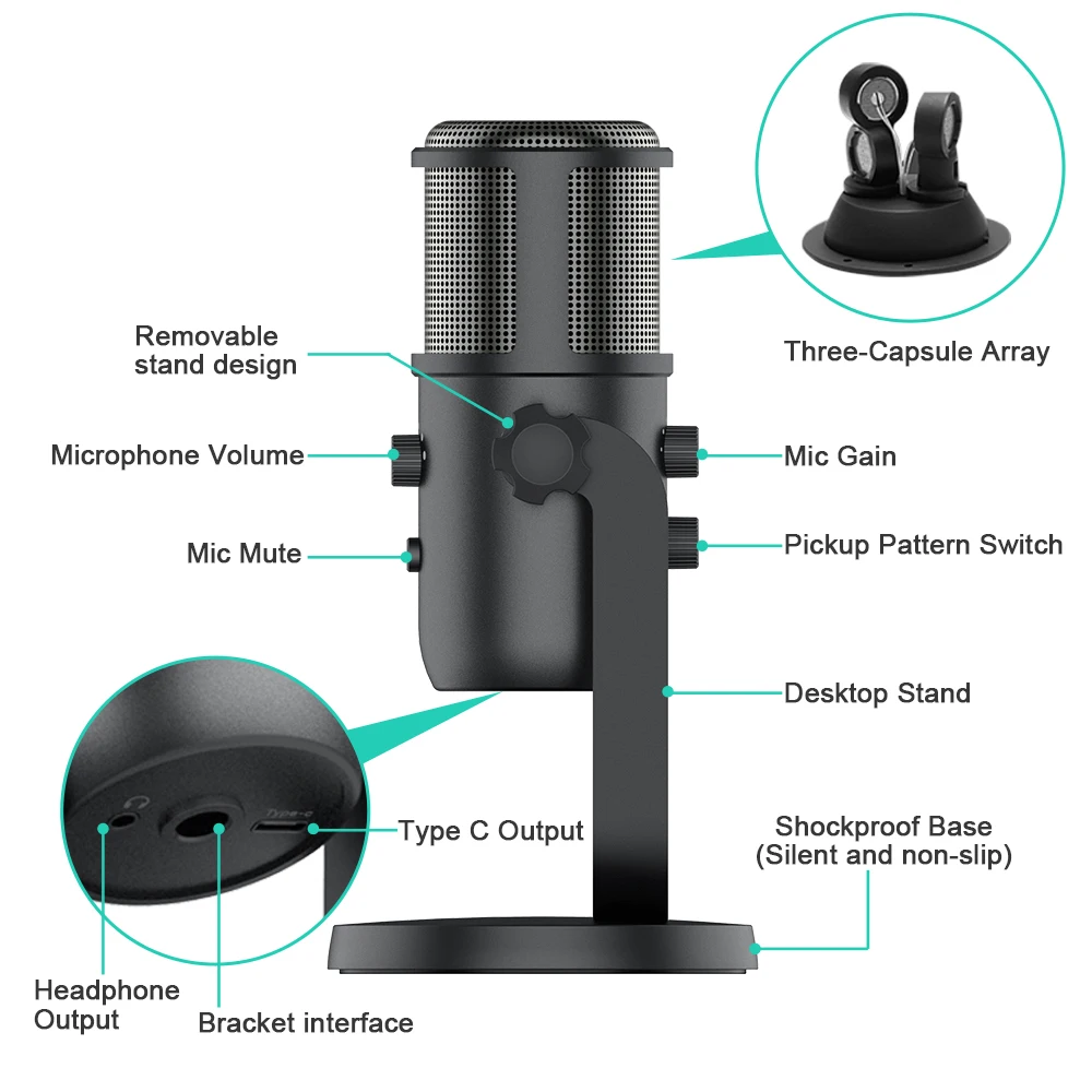 Manufacture Mic Professional USB Condenser Microphone For Webcast Living Studio Recording Singing Broadcasting