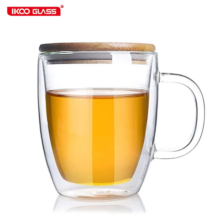 Clear double wall coffee cups high borosilicate glass cup with bamboo lid