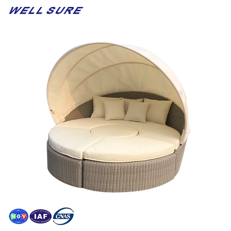 High End Waterproof Outdoor Rattan Furniture Lounge Chaise Sunbed Canopy Bed Round Sun Lounger Terrace Day Bed