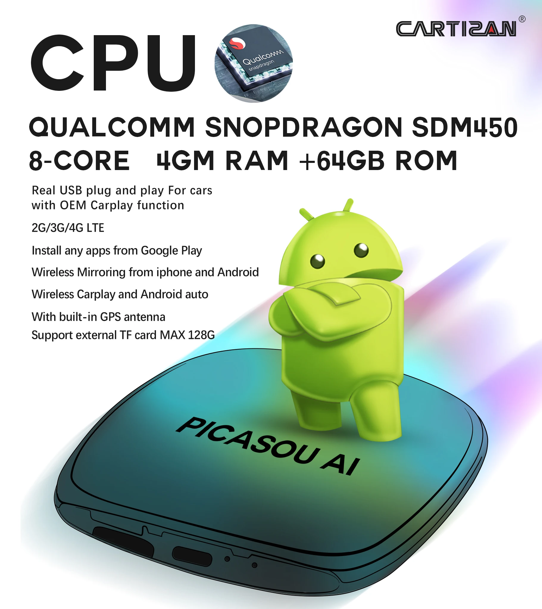 CarPlay AI Android box,Android 9,4G Sim Card,GPS