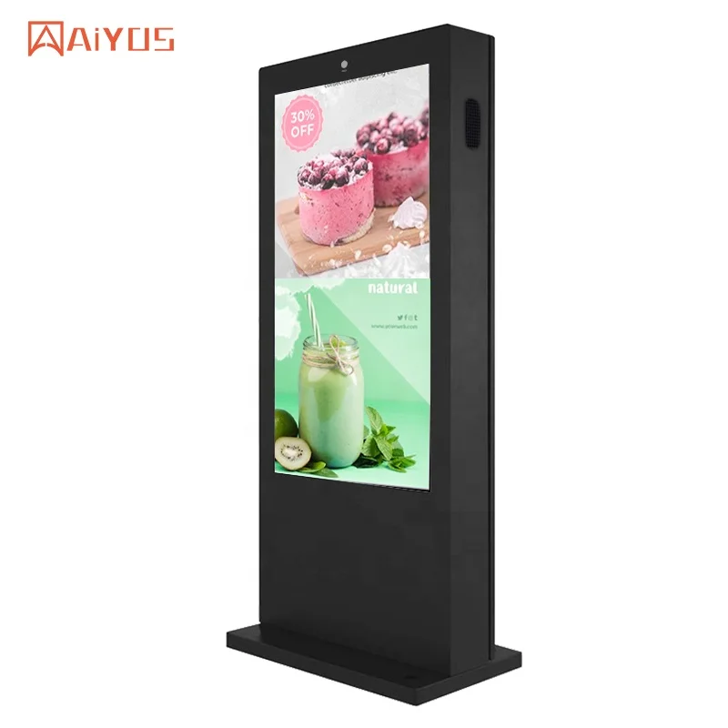 Aiyos Outdoor IP65 Waterproof 1500nits 32 43 49 50 55 65 Inch Floor Stand LCD Network AD Player Digital Kiosk