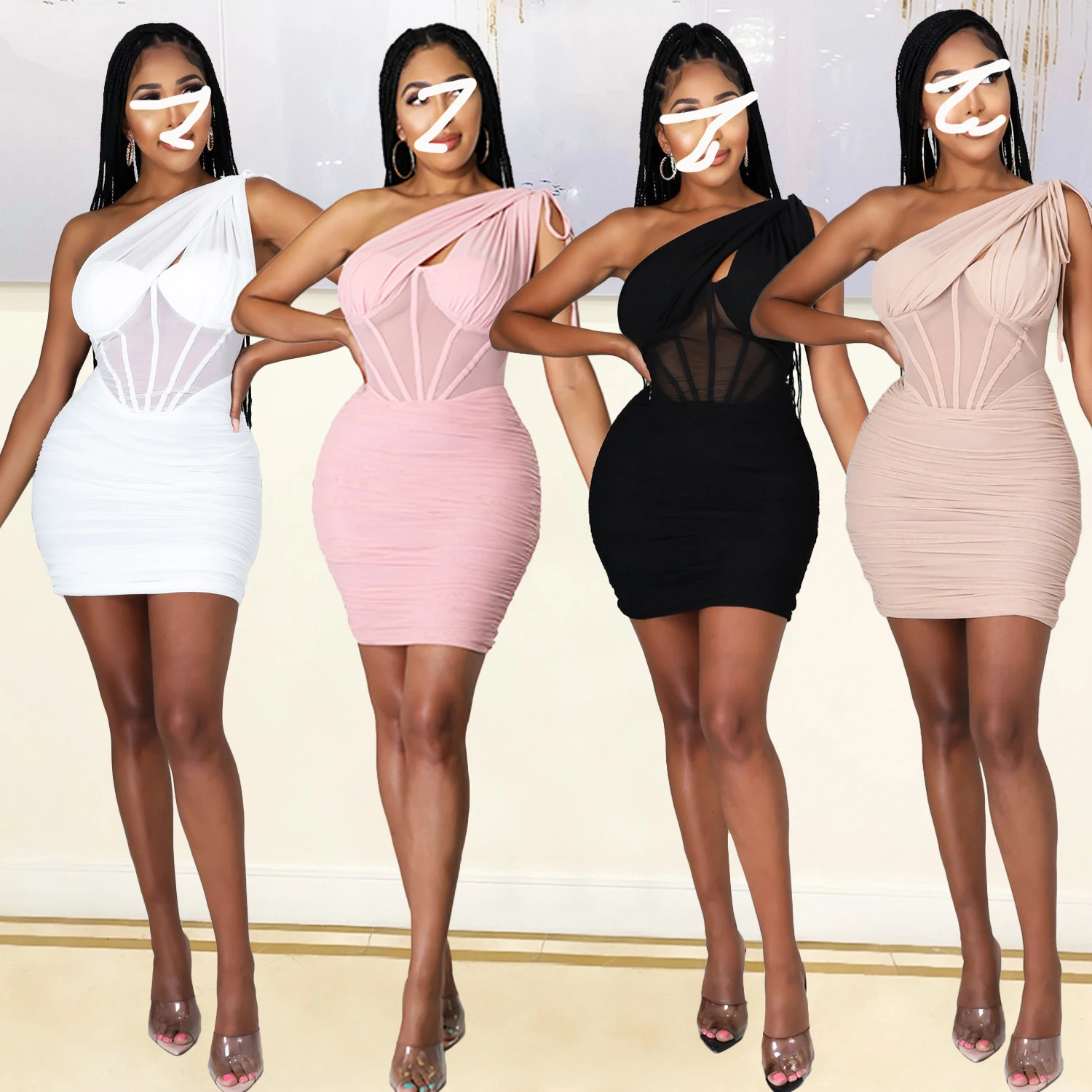 Backless Ruched Hollow Out Mesh Dress Stylish Midi Bodycon Dress One Shoulder Quinceanera Women Sexy Prom Dresses