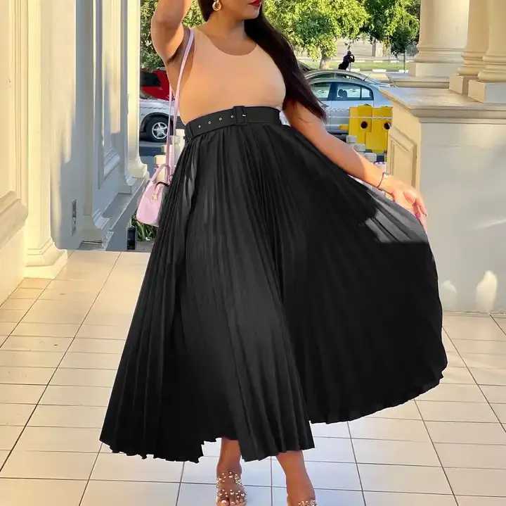 D293P New Design High Waist Large Hem Skirts for Women Pleated Skirts Temperament Ladies Long Skirt With Free Belt