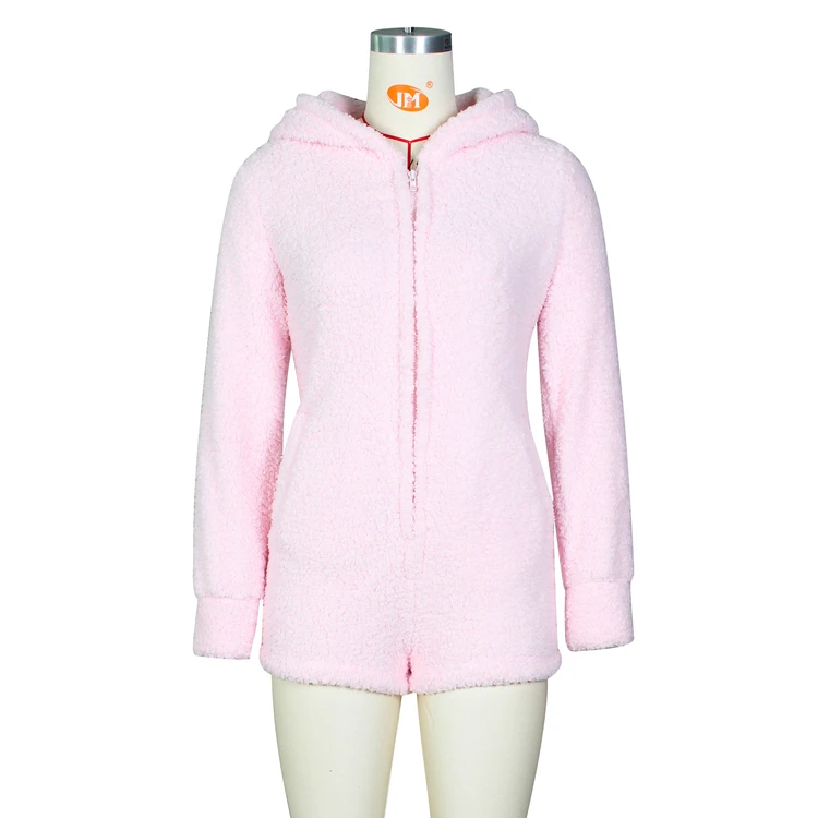 Wholesale winter women clothing home wear sexy ladies velvet soft thick zipper one piece hooded romper warm sleepwear pajamas