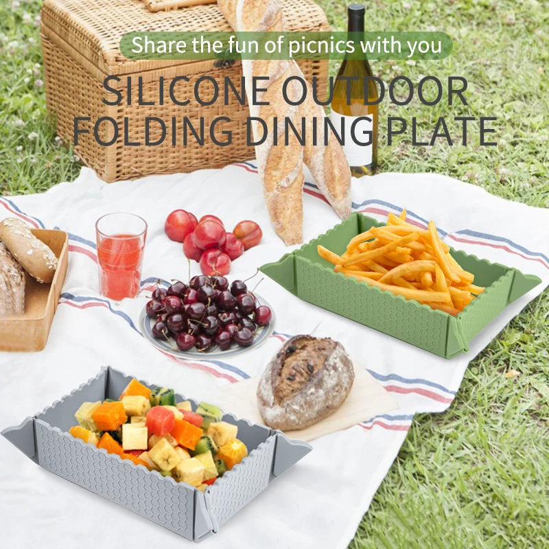 BPA Free Food Grade Party Camping BBQ Foldable Food Tray Silicone Folding Dinner Plates Silicone Placemat