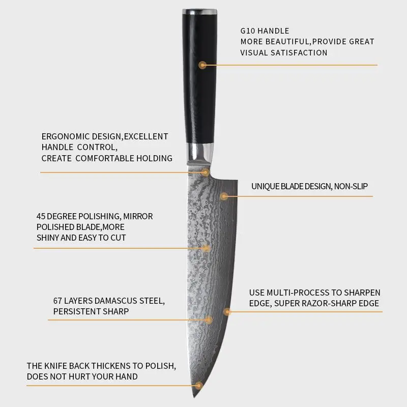 New Design 9CR14  Damascus Steel G10 Handle Professional kitchen Knife set Santoku Knife kitchen knives