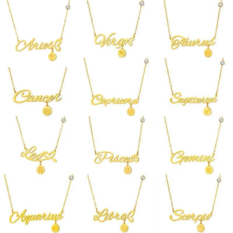 Stainless Steel 12 Zodiac Letter Name Necklace With Round Sign Charm Pendant Dangling Link Chain Necklace Gold Jewelry Women Hot