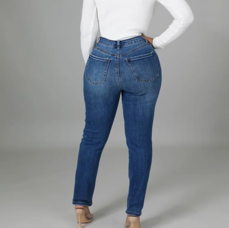 KCJ1032 Wholesale Women Casual Ripped Denim Jeans Skinny Holes High Waist Long Pants For Women