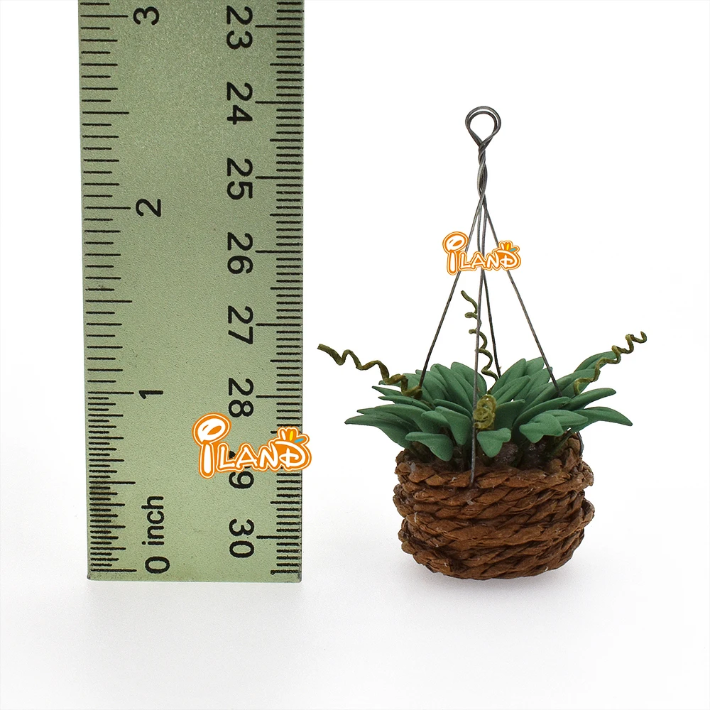 iland 1/12 Doll House Miniature Flower Hanging Basket Mini Clay Green Plant For Dollhouse Accessories Mini Scene Decor