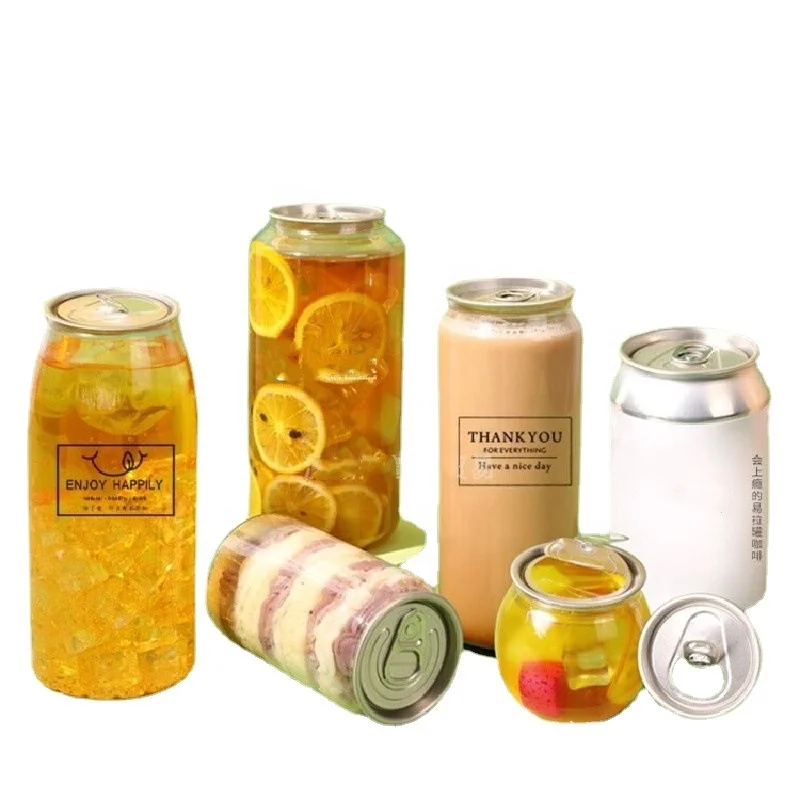 200/250/ 330/350/ 500 Ml Food Safe Transparent  PET Can With Aluminum Pull Ring Tab Lid For Cake/Salad/Cold Drinks/Milk Tea