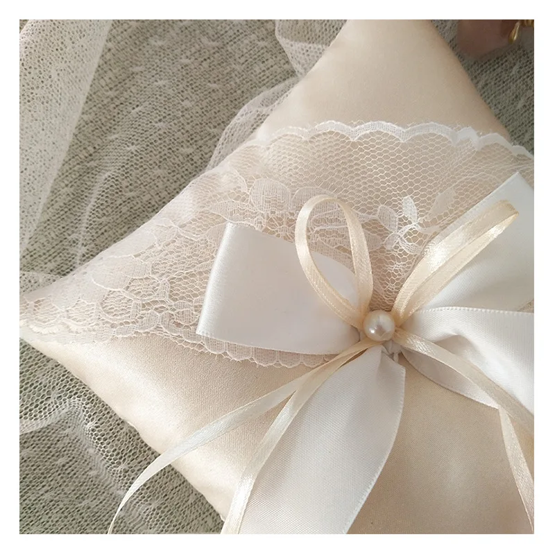 3013 15x15cm European Romantic Bridal Wedding Ring Pillow Double Heart White Handmade Ribbon Cushion Decor for Wedding Ceremony