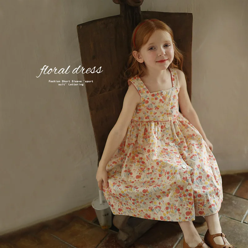 2024 New Arrivals Korean Style Cheap Girls Dresses Summer Printed Sundress with Square Collar