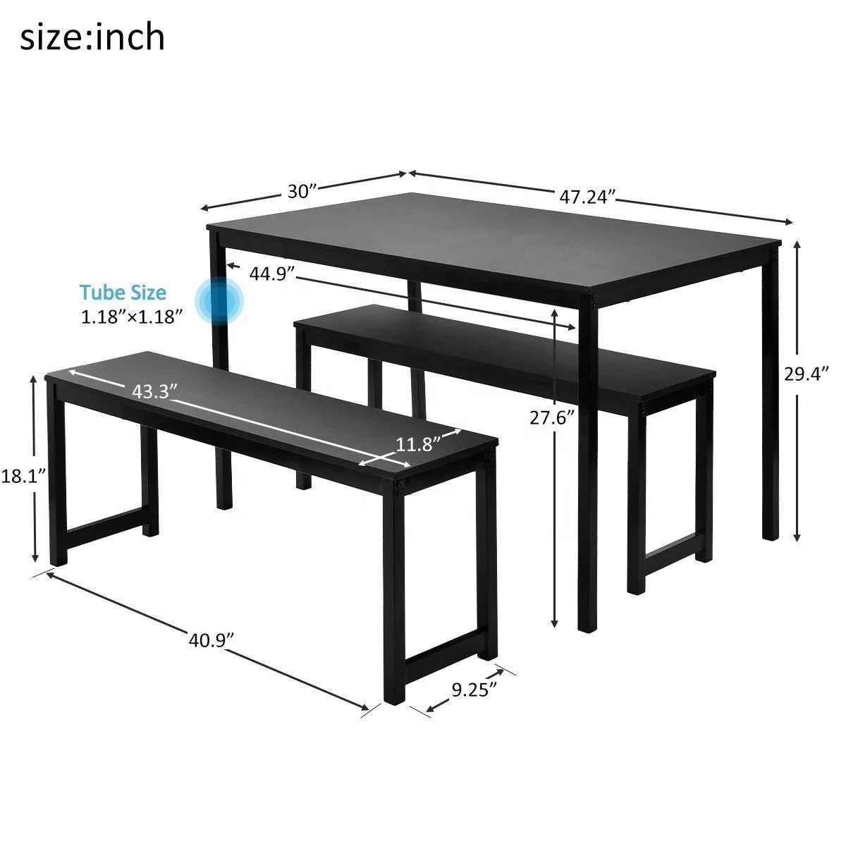 
Heavy duty modern steel frame kitchen dining room furniture wooden 3 piece coffee table set with two benches 
