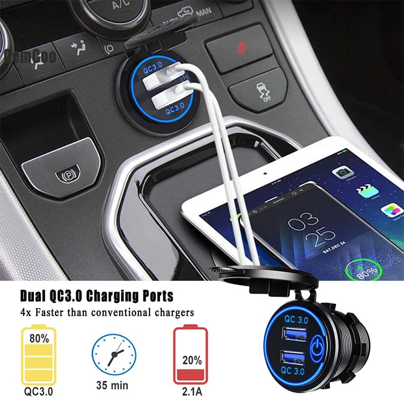 universal dual usb qc3.0 fast charger 12v / 24v panel usb port car charger socket for bus camper truck car boat