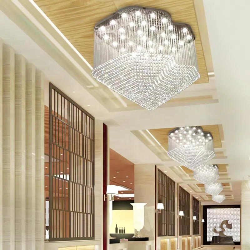 Lobby Ceiling Crystal Lighting Fixtures Chandeliers Luxury Contemporary Reception Room Banquet Hall Smooth Running Large Hotel