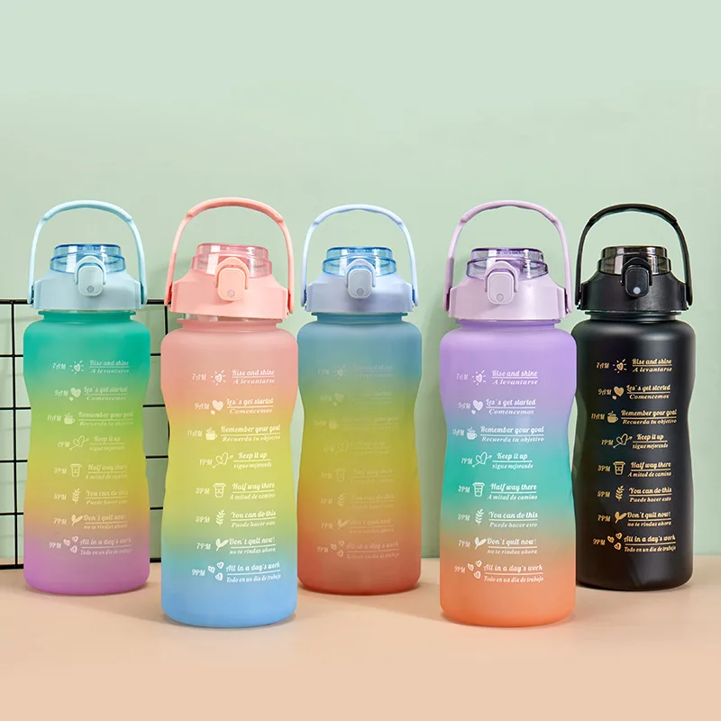 Gradient color 3pcs set plastic water bottle 2000ml 64oz jug with motivational and time marker half gallon water bottle OEM ODM