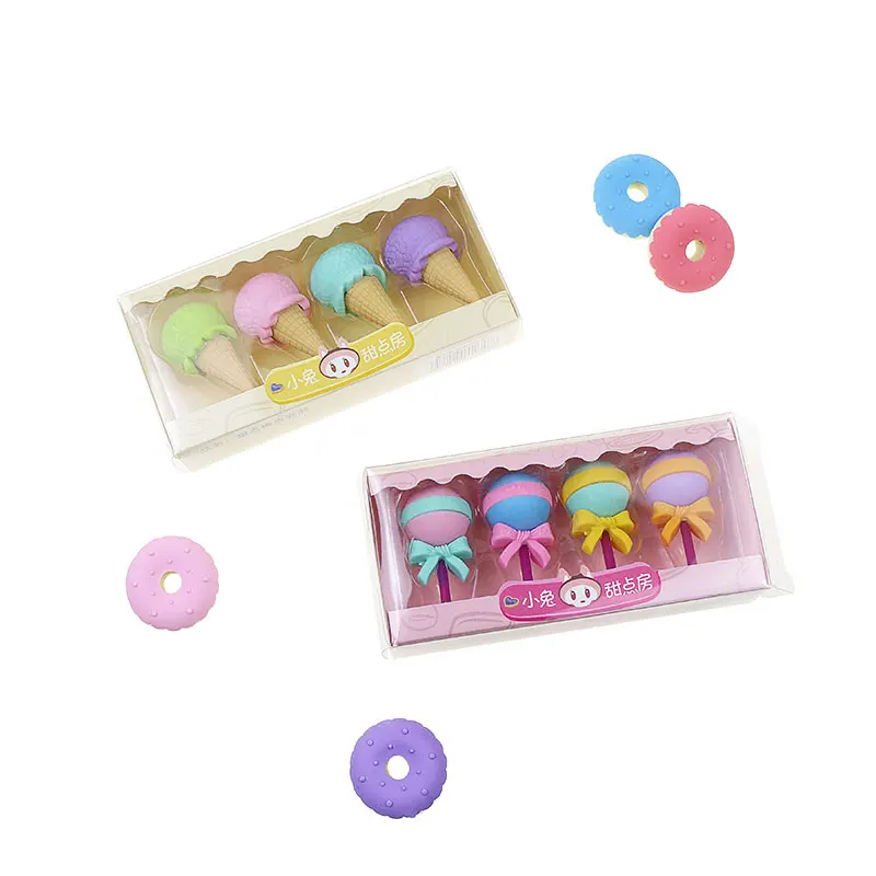BECOL Wholesale Funny Cute 3D Student Erasers Mini Cartoon Rubber Desserts Candy Lollipop Donuts Shape Eraser Sets for Gift