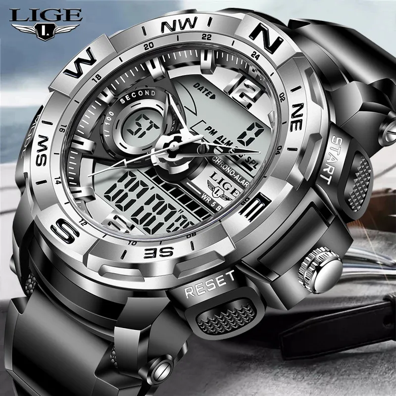 LIGE Mens Watches Waterproof Sport Stopwatch LED Digital Watch Men Big Dial Clock For Male Relogio Masculino