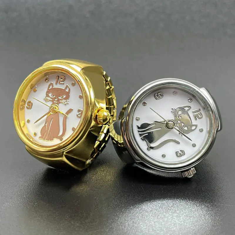 Creative Cat Ring Watch to Tell Time Vintage Watch Clock Ring Elastic Strap Round Chunky Ring in Silver and Gold for Women Men
