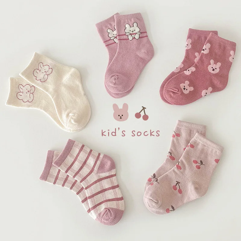 2024 Wholesale Custom Cute Autumn Cherry Bunny Socks Cartoon Plaid Cotton New Born Baby Girl Socks