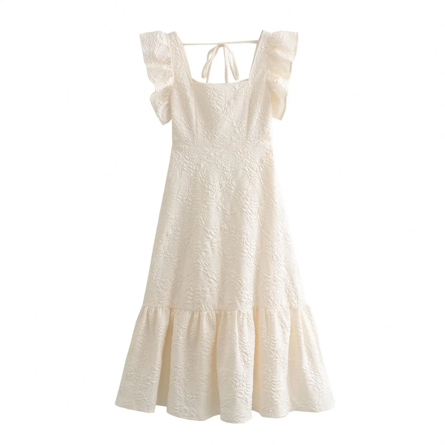 Custom logo NL2916 Beige color sleeveless square collar back lace up casual fashion summer long dress for women