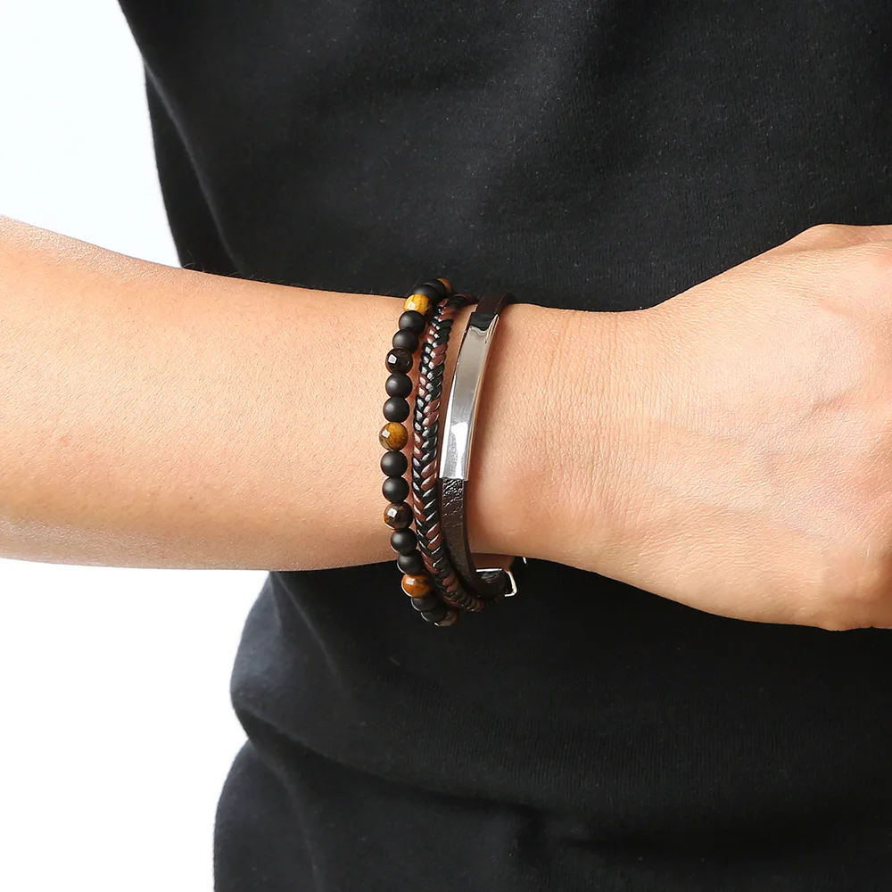 High Quality Stainless Steel Jewelry Magnetic Clasp Custom Bar Braided Bead Tiger Eye Agate Leather Bracelet For Men