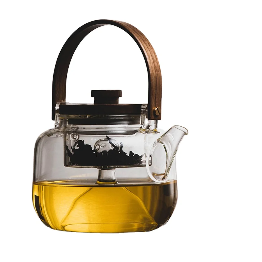 Heat Resistant Glass Teapot Cup Sets Transparent Coffee Tea Kettle with Glass Filter and Wooden Lid