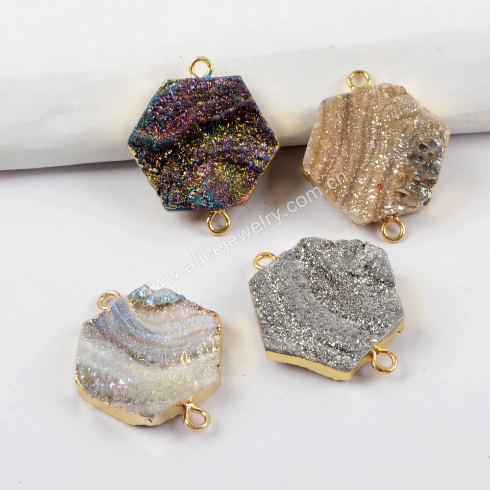 G1618 Hexagon Galaxy Rainbow Titanium Agate Druzy Connector For DIY Jewelry Making
