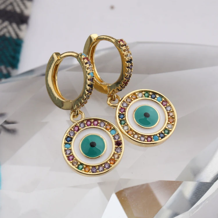 Fancy Micro Insert Zircon Huggie Earring 18K Gold Enamel Eye Dangle Earrings