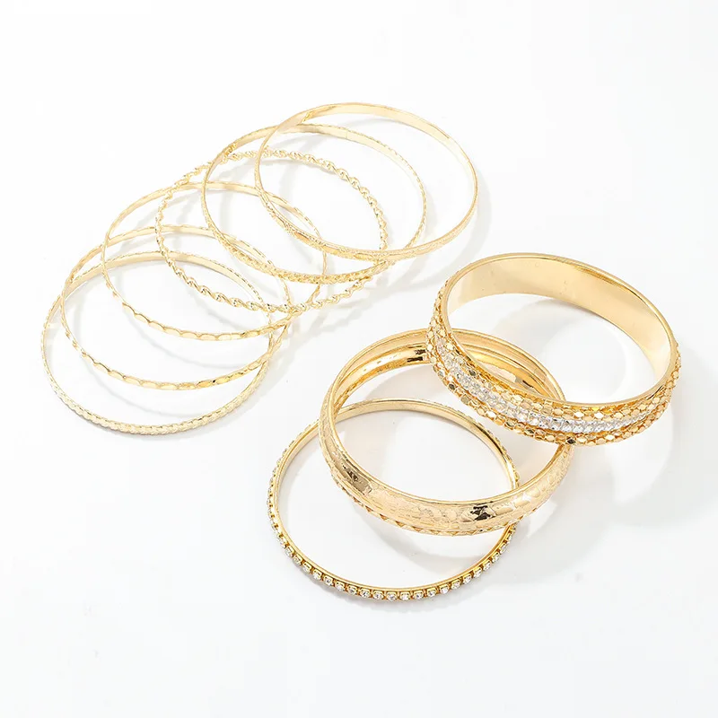 9pcs Fashion Women Jewelry Bulk Gold Plated Girls Charm Boho Diamond Bangle Bracelet Set