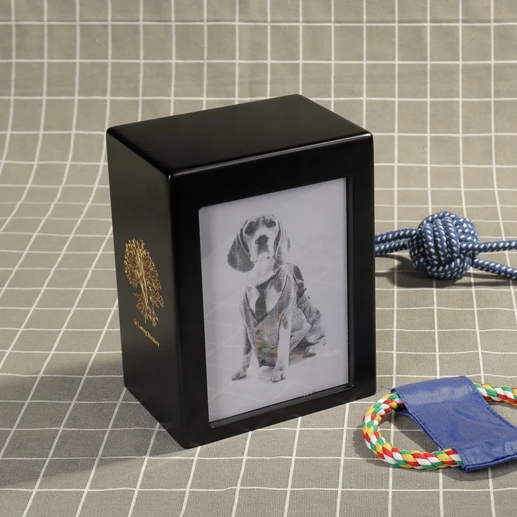 ODM/ OEM Matte Black MDF Wooden Urn Box Picture with Lid Custom Logo Wood Funeral Urns