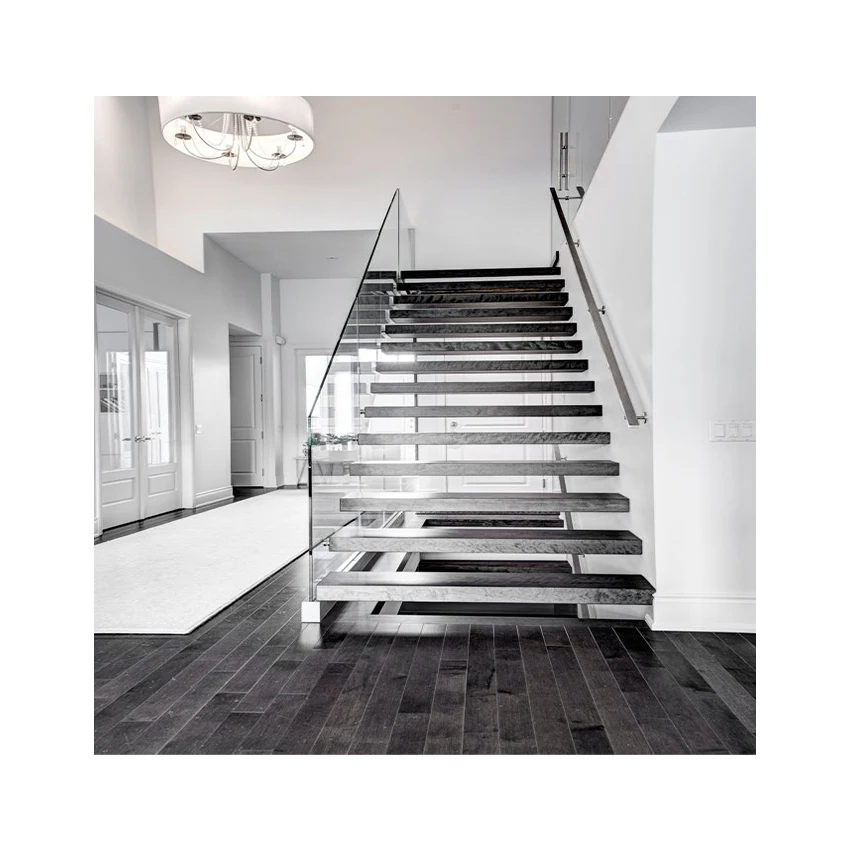 China Modern Stair Floating Straight Stairs Interior Staircase Villa Indoor Steel Stair With Wood Tread and Glass Railing