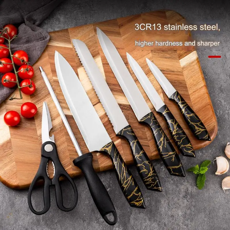 Stainless Steel Chef Knife Kitchen Knife Fruit Scissors Combination Spray Paint Rotating Seat 8-Piece Knife Set