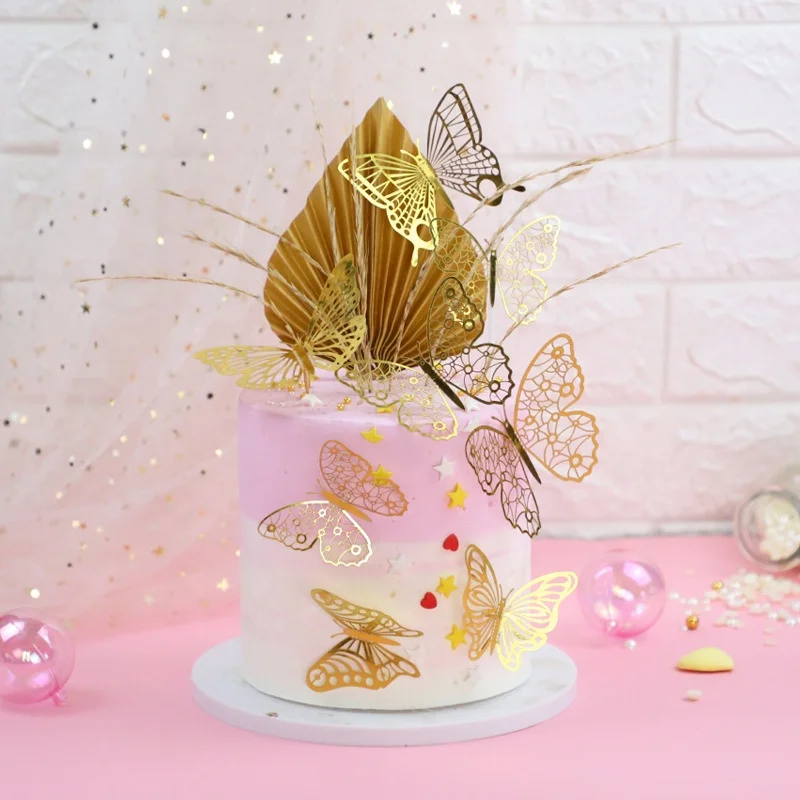 New Birthday Party Hollow Out Cake Decoration Gold Silver Paper Butterfly Cake Topper