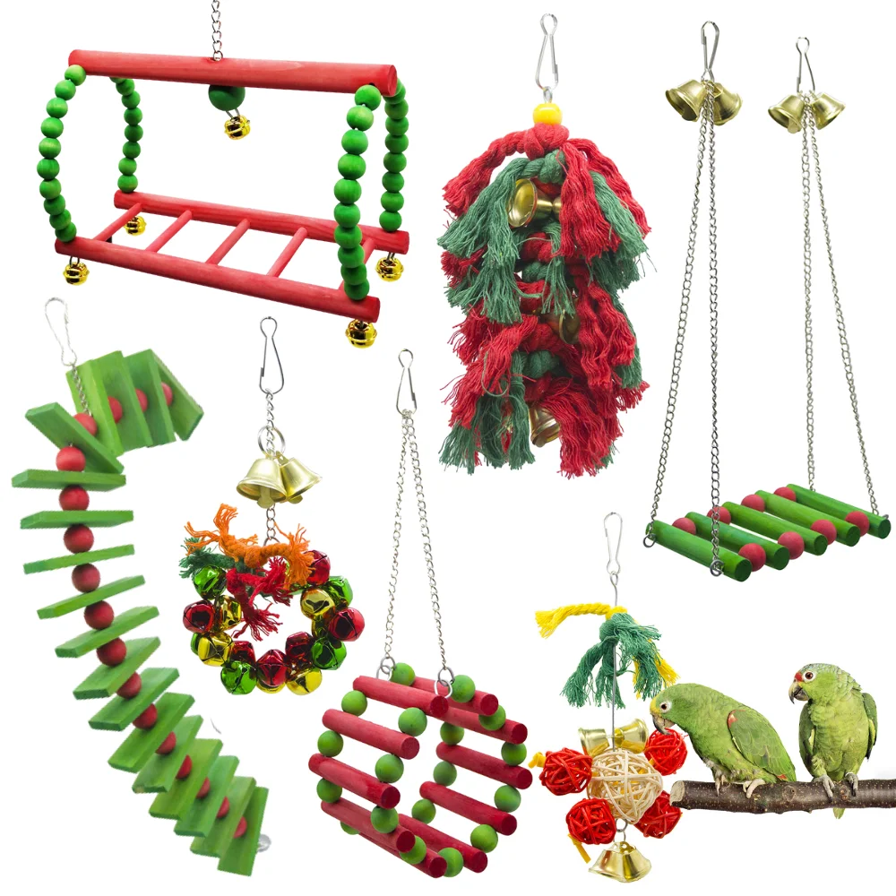 2023 Christmas Bird Chewing Toy Natrual Wooden Parrot Swing Toy Bird Hanging Bell Toys