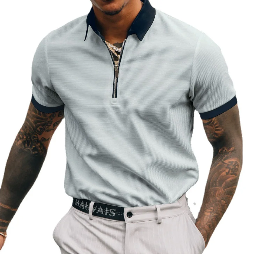 Summer Short Sleeve Knitted Solid Polo Shirts Men Fashion Zippers Turn-down Collar Pullover Tops Casual Mens Clothes Slim Polos