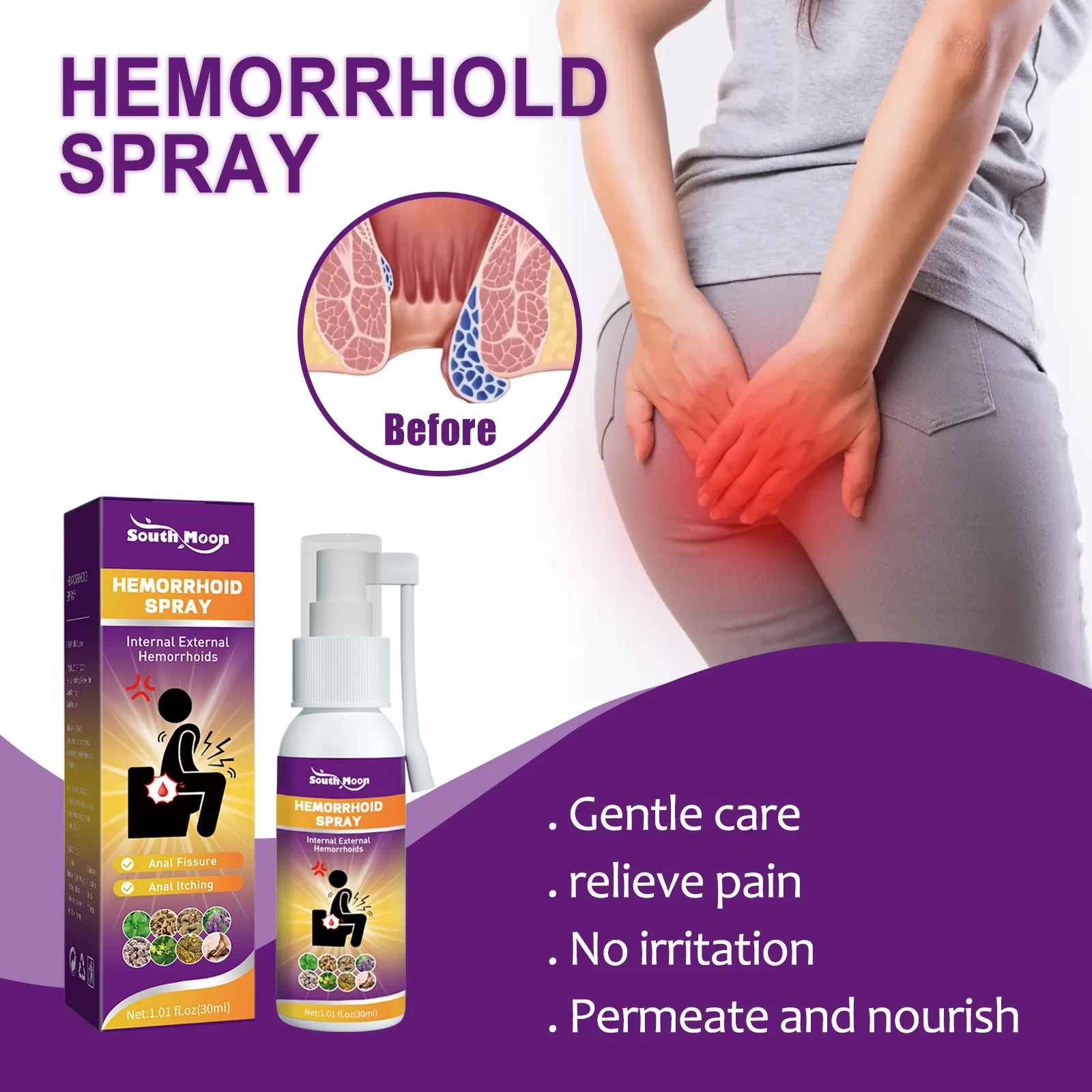 100% Natural Herbal Hemorrhoids Spray Relieve Anal Ball and Swelling Pain Spray Body Care