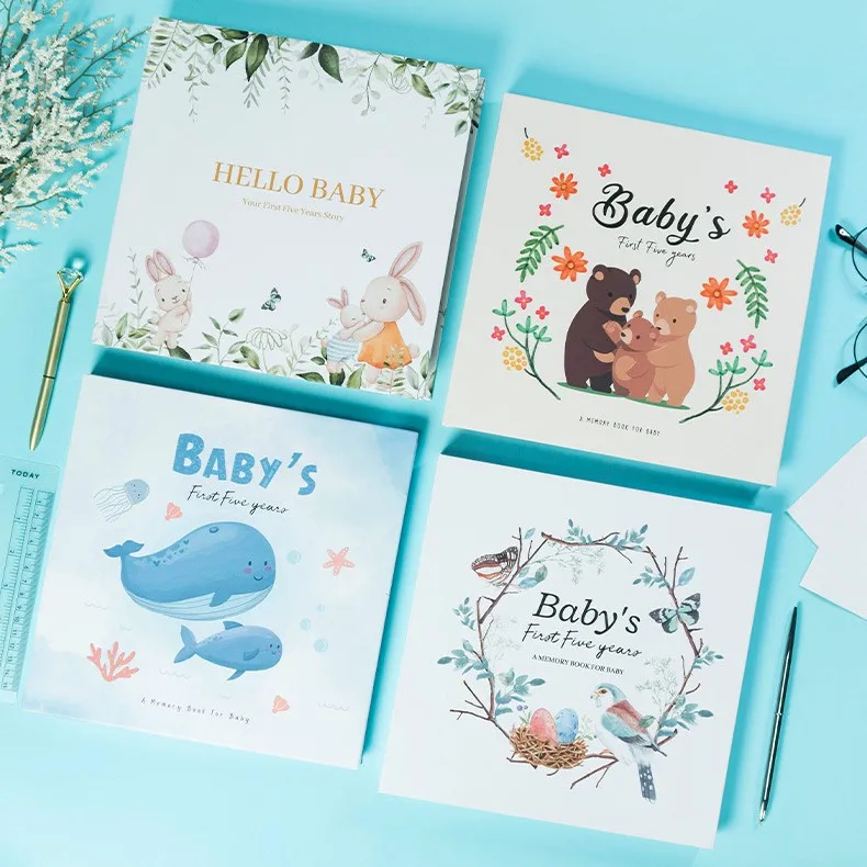 25*25cm size notebook custom cover and inner pages baby notebook with paper pocket baby memory book with gift box