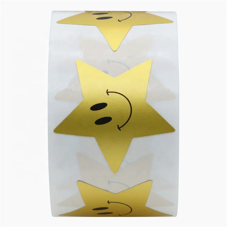 Hybsk Gold Star Shape Smile Face Stickers 1.5 Inch Total 500 Adhesive Labels Per Roll