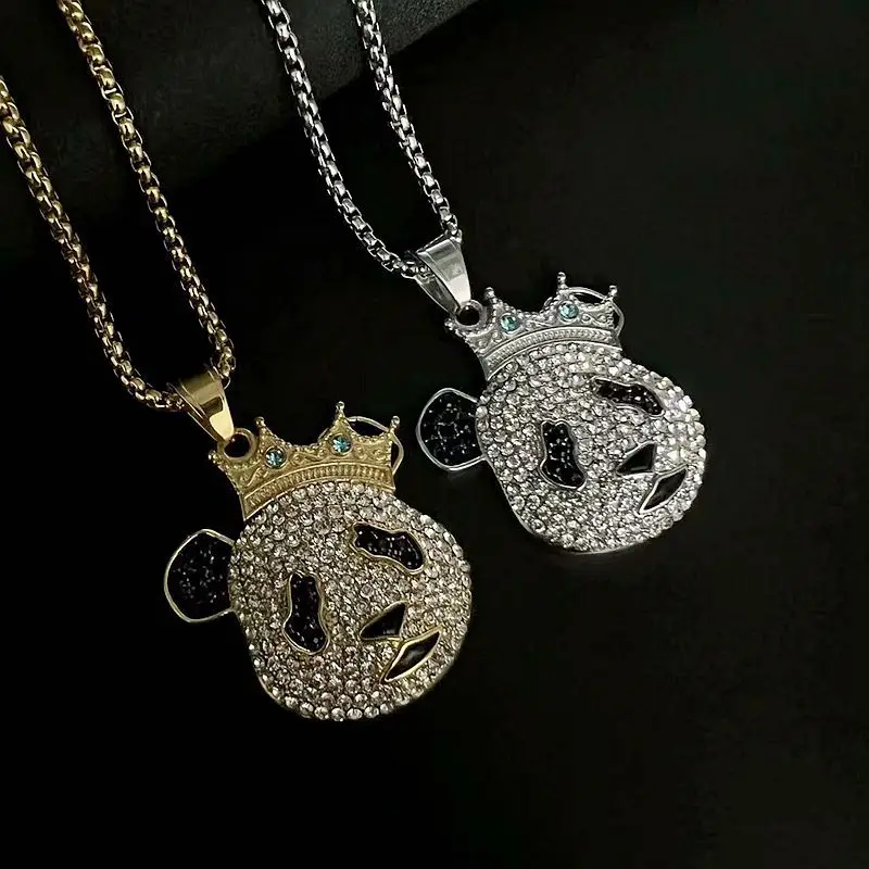 Iced Out Jewelry Stainless Steel Crystal Diamond Panda Necklace Custom Gold Plated Crown Pendant Necklace