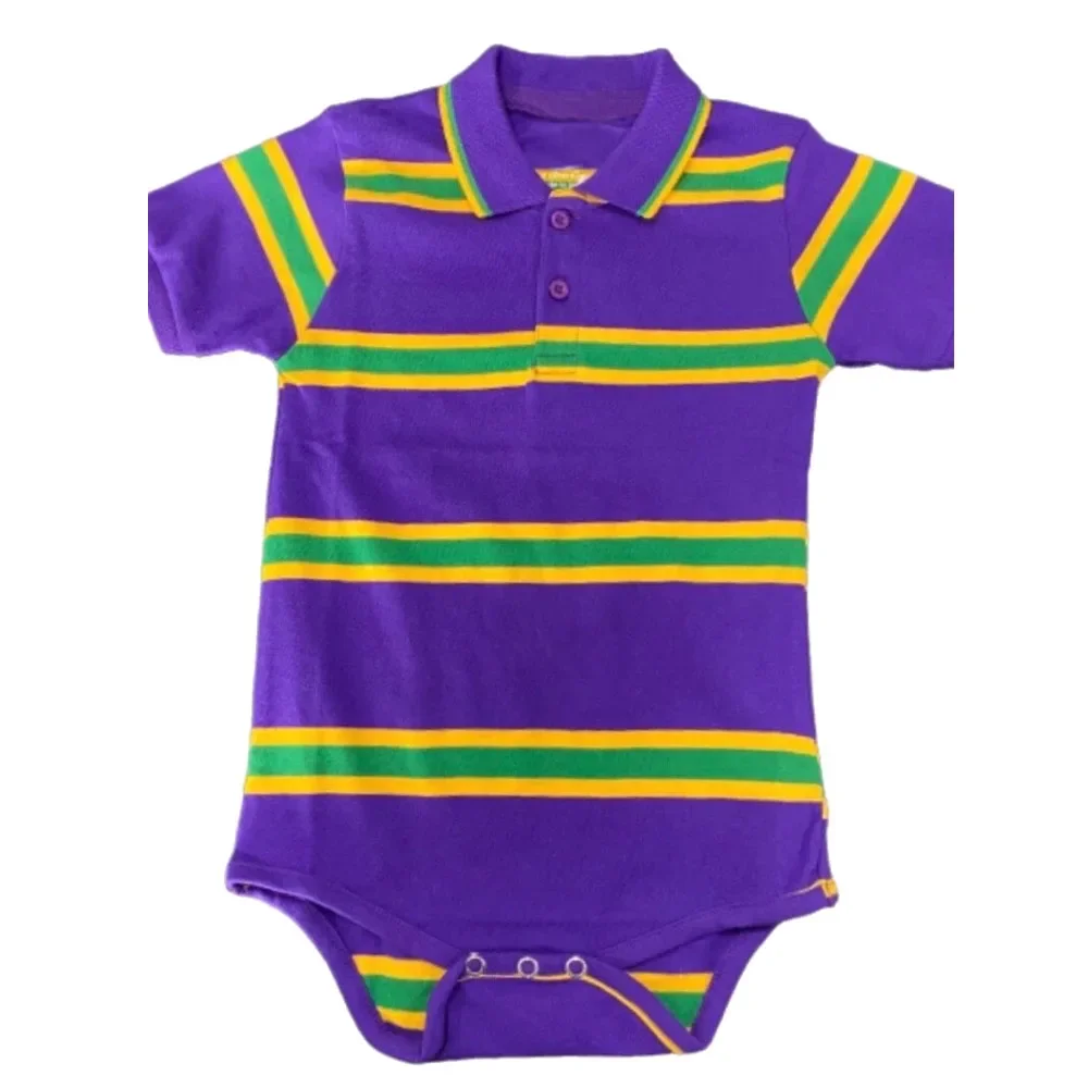 RTS bodysuit for newborns cotton knit short sleeve purple green gold Mardi Gras romper unisex baby boys cotton romper