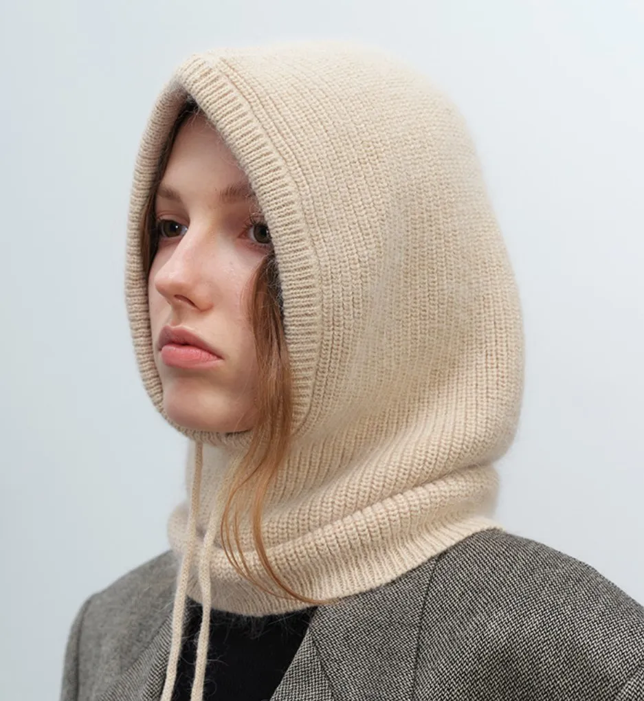 Manufacturer Custom Fashion Drawstring Warm Knitted Pullover Beanie Cap Ring Hooded Scarf Balaclava Hat For Women