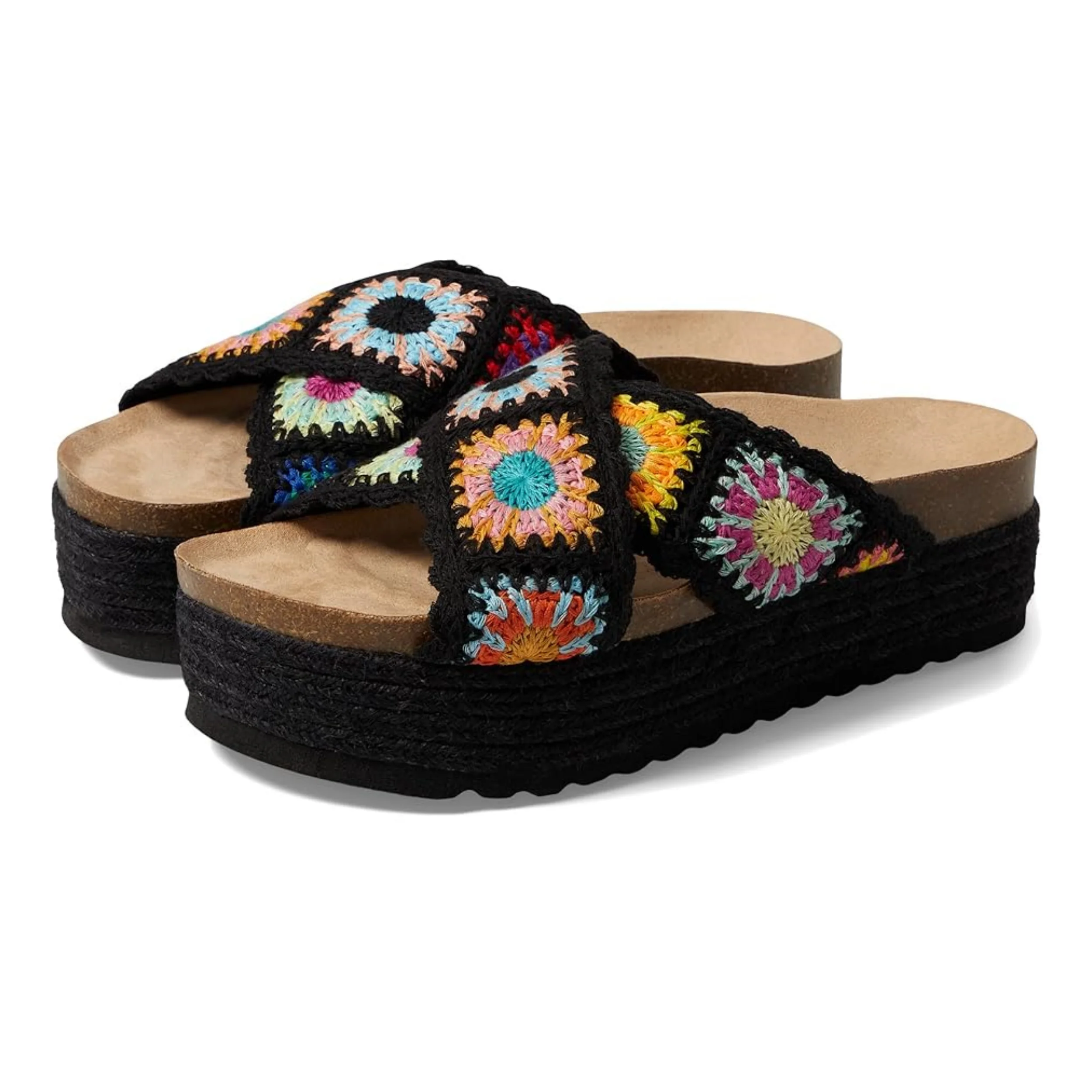2024 Summer Lady High Quality Cork Slippers Thick Sole Crochet Fabric Sandals Women Floral Pattern Open Toe Slippers Beach Shoes