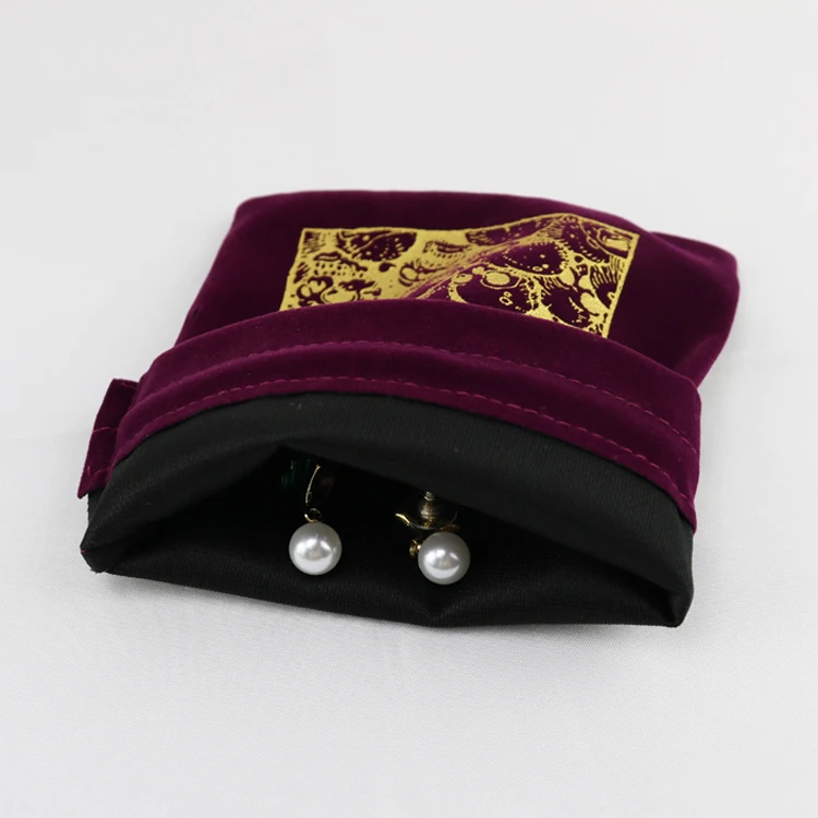 Hot product purple pouch jewelry velvet drawstring bag with Gold Printing Logo,velvet bag jewelry packaging with drawstring