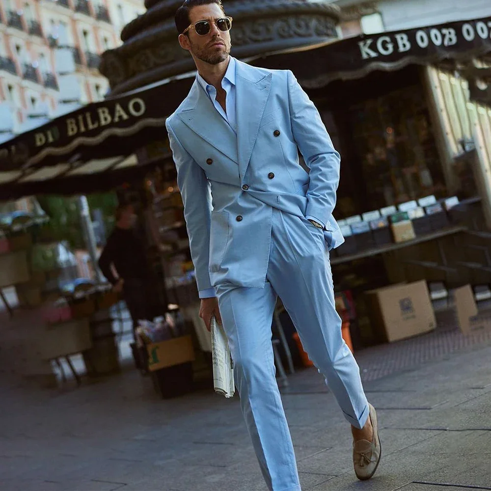 Elegant Sky Blue Jacket Pants Set Male Clothes Casual Man Suit Wedding Tuxedos Double Breasted Blazer 2 Piece Suit (Blazer+Pant)
