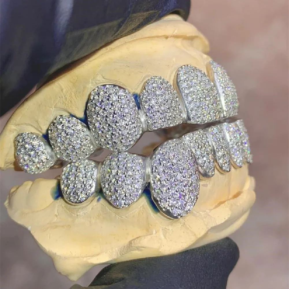 Hip Hop Custom Teeth Moissanite Silver Grillz 10 Top 10 Bottom Iced out vvs Diamond Moissanite Grillz